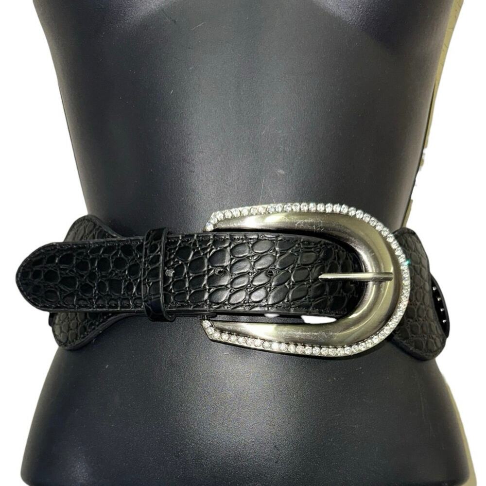 Black Croc Embossed Stretch Belt Rhinestone Buckle Statement Waist Belt OS
